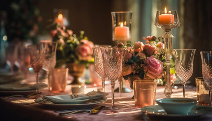 Sticker - Elegant wedding celebration with luxurious table decoration and ornate crockery generated by AI