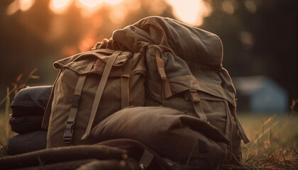 Poster - A backpacker rests on mountain peak, enjoying nature sunset generated by AI