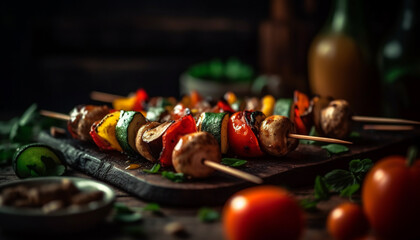 Poster - Grilled skewer of organic beef and vegetable appetizer on plate generated by AI