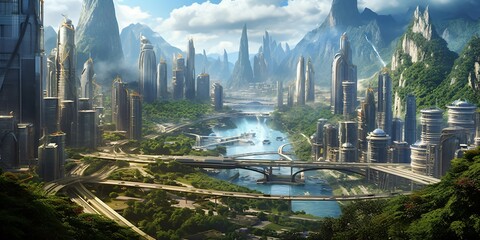 Wall Mural - futuristic high-tech city with advanced infrastructure, science fiction cityscape, fictional landsca