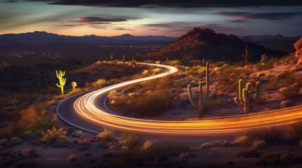 Wall Mural - bright light streaks on a winding road through a desert landscape. generative ai