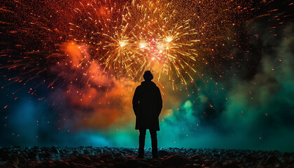 Wall Mural - One person standing outdoors, silhouetted against exploding firework display generated by AI