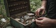 Person discovering a hidden geocache, uncovering a treasure trove of trinkets and memories left behind by fellow explorers, concept of Adventure seeking, created with Generative AI technology