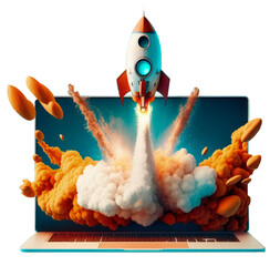 Digital illustration of laptop and rocket, PNG transparent background. Generative AI