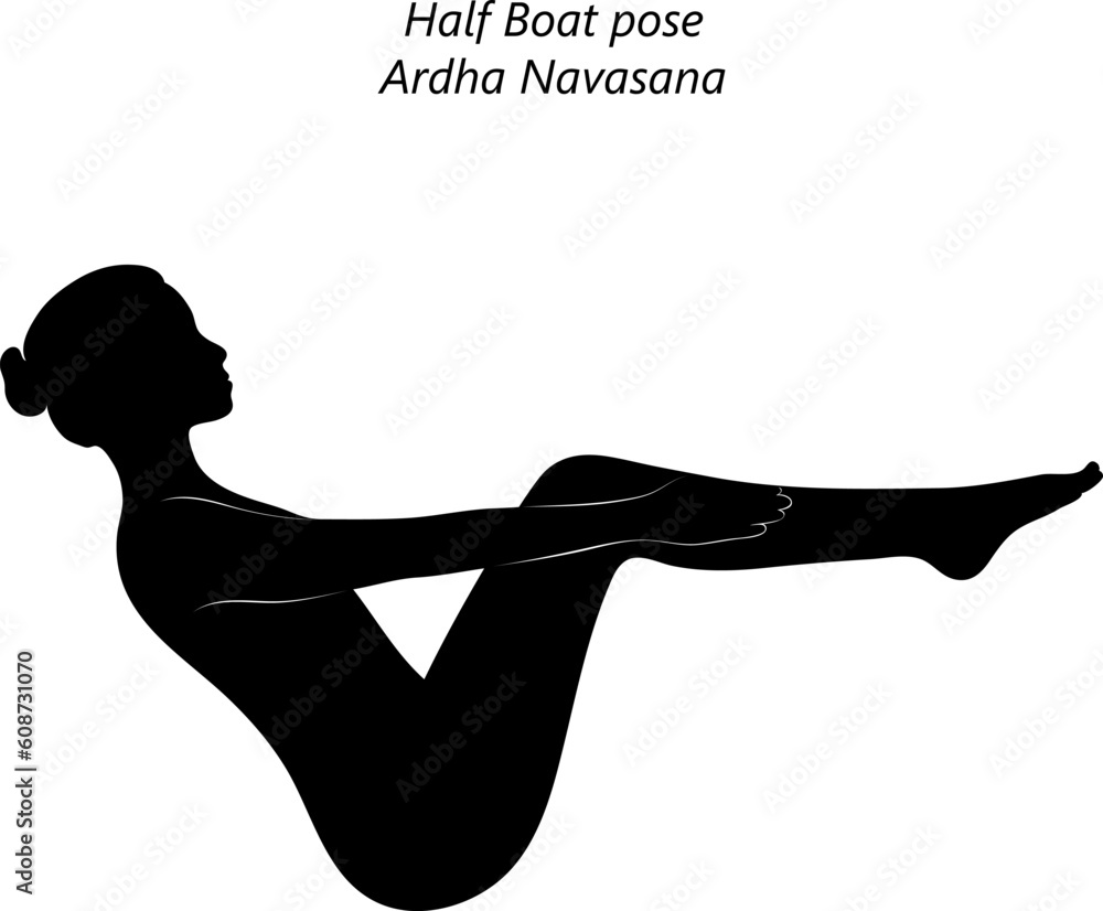 Flat black silhouette of young woman practicing yoga, doing Half Boat ...