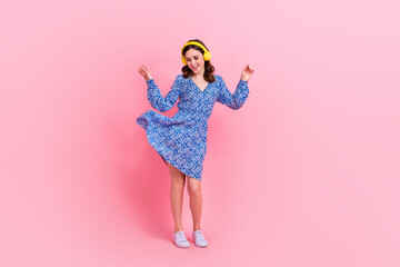 Sticker - Full length photo of joyful cheerful lady wear trendy clothes celebrate holiday weekend good mood isolated on pink color background