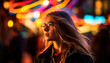 © djvstock - A carefree young woman enjoys the city nightlife, smiling brightly generated by AI