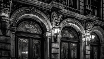 Poster - The Gothic facade of an old Catholic building in black and white generated by AI