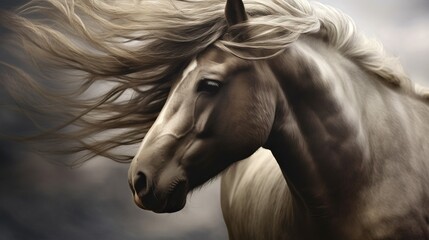 Wall Mural -  a white horse with long hair blowing in the wind on a cloudy day.  generative ai