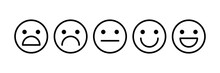 Happy, Laughing, Neutral, Sad, Upset, Unhappy, Shocked Smile Icon. Customer Feedback Vector Emoticon Set. Negative, Positive Face Icons.