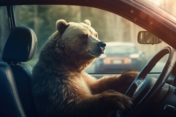 a bear driving a car close-up. generative ai.
