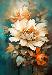 Abstract painting of orange blue and golden flowers on dark background . Art painting for wall frames. Ai generative.