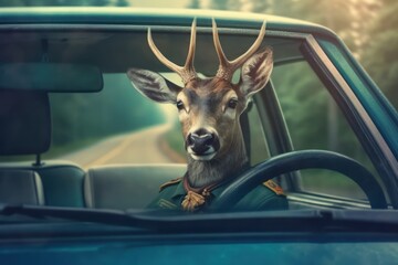 Wall Mural - A deer driving a car close-up. Generative AI