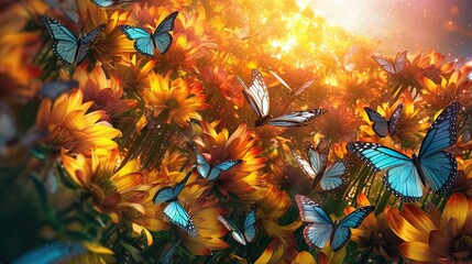 Sticker -  a bunch of butterflies flying over a field of sunflowers.  generative ai