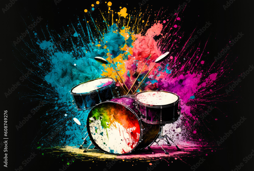 A drum set on black background with splashes of colorful paint. Created ...