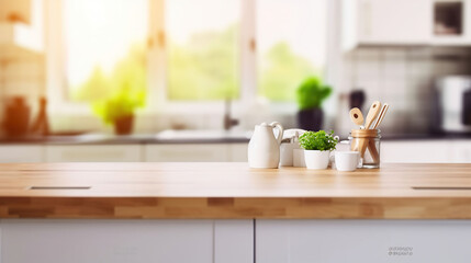 Wooden table top on blur kitchen room and window background. Generative AI