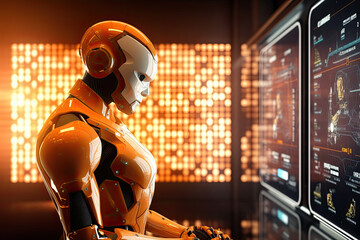 Mathematic humanoid equations and modish formula on computer screen showing concept of science and education. Generative AI