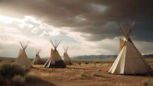  A Group Of Teepees Sitting In The Middle Of A Desert.  Generative Ai