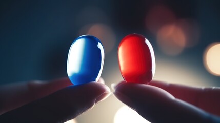 Poster -  a person holding two red and blue pills in their hands.  generative ai