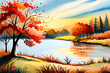 Autumn landscape with lake, trees, and sunset. Vector illustration, abstract nature scenery, landscape wallpaper, generative ai
