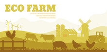 Cow Silhouette In Farm Landscape. Farmland Eco Life