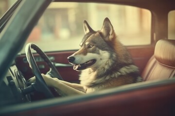 Wall Mural - Wolf driving a car close-up. Generative AI