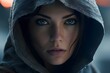 female assassin wearing a hooded cloak. generative AI