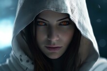 Female Assassin Wearing A Hooded Cloak. Generative AI