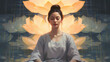 Portrait illustration of a woman sitting against a background with a lotus flower and meditating. Female in a peaceful moment practising mindfulness. Generative AI