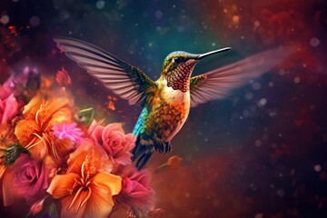 Wall Mural - Beautiful, colorful hummingbird perched on a branch with a bunch of pink flowers. Generative AI