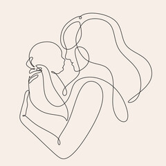 Poster - Line art woman face with baby. Minimalist  Abstract Female A woman holds her baby. Continuous one-line drawing with color spots, and flowers. Vector draw illustration. Happy Mother's day card. 