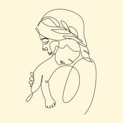 Sticker - Mother woman with baby newborn one line drawing on white isolated background. Vector illustration	