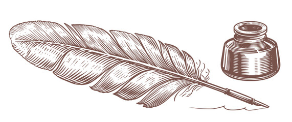 Retro quill feather ink writing pen and inkwell in old vintage woodcut. Line art drawing style. Vector illustration