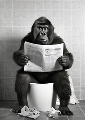 Gorilla sit on the toilet, monkey sitting on the potty, restroom humor, black and white