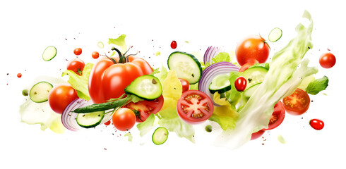 Wall Mural - Sliced of fresh vegetables flying on white background. Ripe food