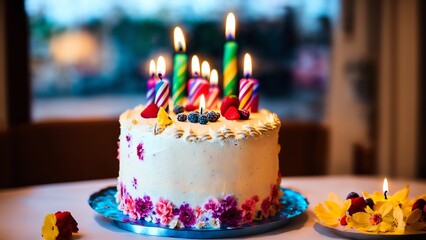 Wall Mural - Birthday Cake With Candles. Watercolour. Generative AI