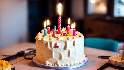 Wall Mural - Birthday Cake With Candles. Watercolour. Generative AI