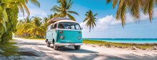 Blue Van Sorrounded By Palm Trees With White Sand And Turquoise Waters At The Background At The Beach. Summer Background 