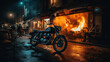 Burning Cafe in Paris with motorcycle