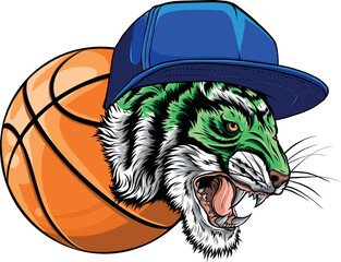 Poster - A Tiger angry animal sports mascot with a basketball ball