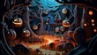 © AV Creations - Halloween Night, paper cut banner art, paper cut illustration, enchanted forest, vines and magical fairy’s, warm colors - Generative AI
