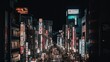 a lot of people in the city at night neon cyberpunk japanese city
