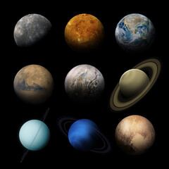 Wall Mural - set of solar system planets isolated on black. mercury, venus, earth, mars, jupiter, saturn, uranus,