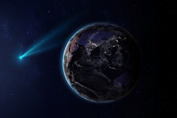 Wall Mural - comet flying near earth. comet flying through space close to the earth planet. of this image furnish