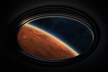 Wall Mural - mars planet in spaceship porthole. orbiting the planet mars. expedition and colonization of mars. el