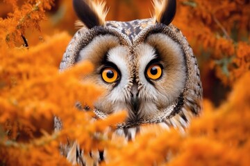 Wall Mural -  Long-eared Owl with big orange eyes behind the branches. Generative AI