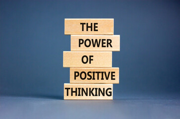 Wall Mural - Positive thinking symbol. Concept words The power of positive thinking on wooden block. Beautiful grey table grey background. Business, motivational positive thinking concept. Copy space.