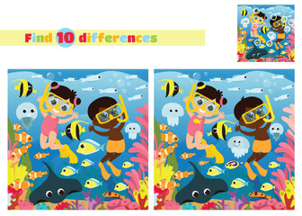 Find the differences. Children aqua divers boy and girl swim with fish. Underwater marine or oceanic world with a coral reef. An educational game for children in elementary school or kindergarten.