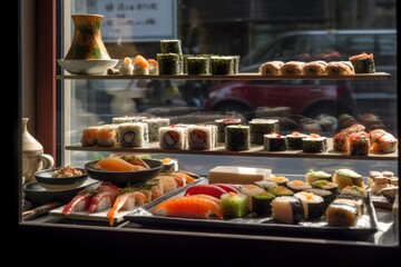 Sticker - Sushi restaurant display counter with a variety of products