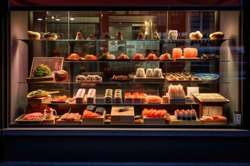 Sticker - Sushi restaurant display counter with a variety of products